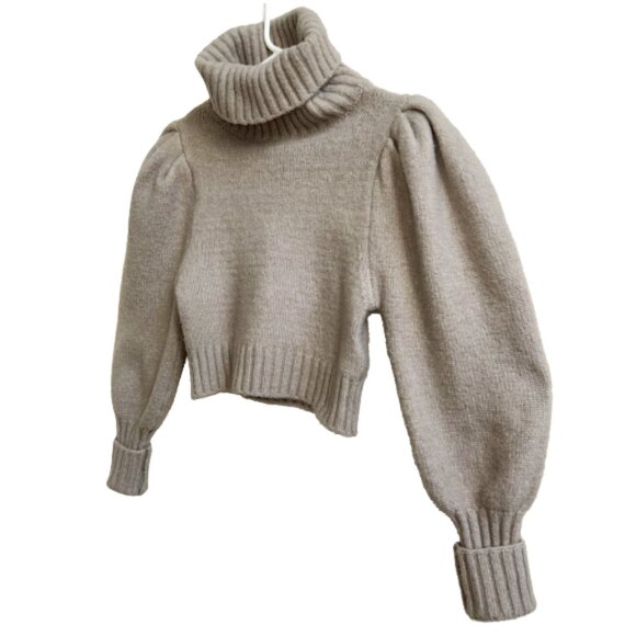 Zara Beige Puff Sleeve Cropped Turtleneck Sweater Ribbed Knit Trendy Top Size M - Picture 6 of 13